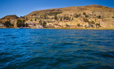 View of Luquina Chico community from Lake Titicaca in Puno, Peru