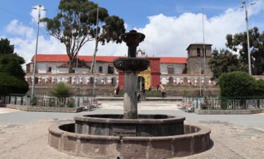 Colonial fountain at Plaza de Armas of Chucuito near Lake Titicaca Puno Peru